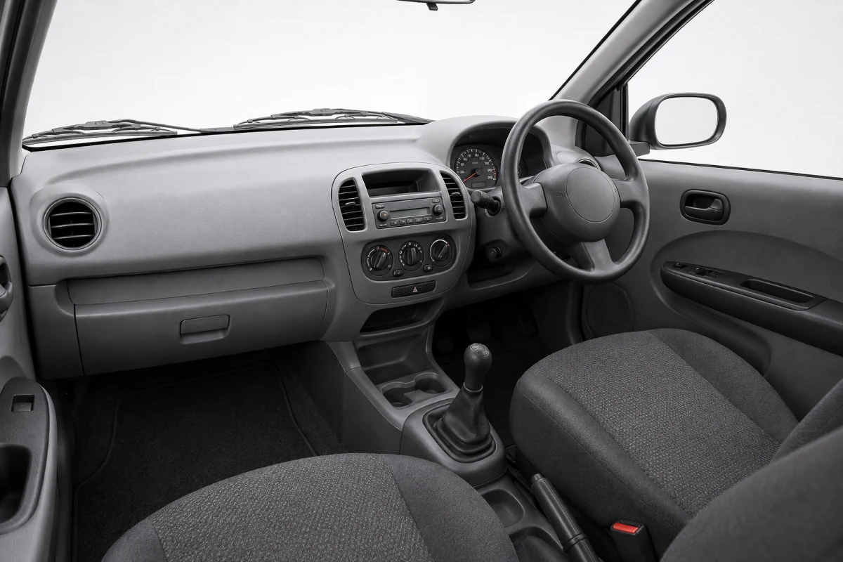 The imagined SIMPLE interior: cloth seats, an ordinary steering wheel, a manual gear lever and three large climate-control knobs. No touchscreen.